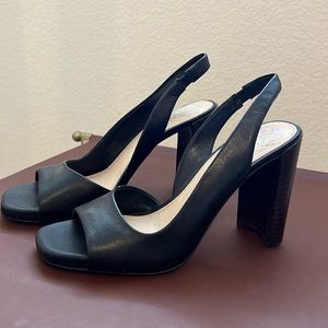 Black stacked wood heel, open toe, size 8.5, Vince Camuto